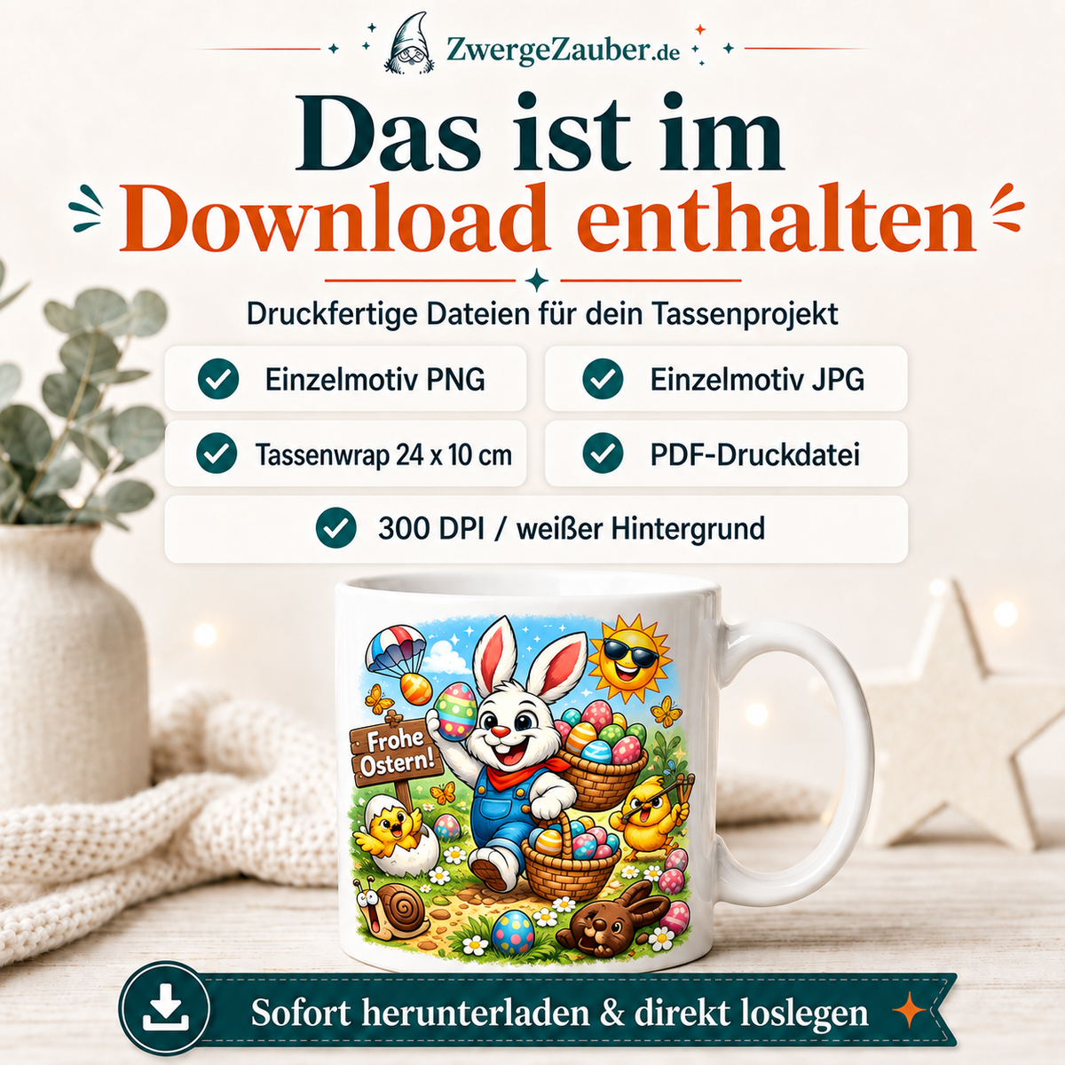 ZwergeZauber Tassendesign Frohe Ostern - Osterhase mit Ostereiern Cartoon – Verkaufsbild 2