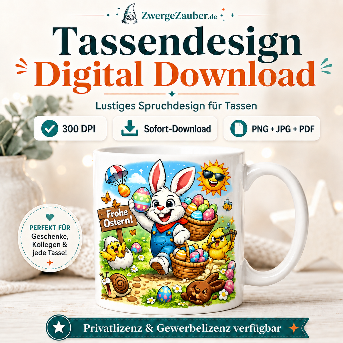 ZwergeZauber Tassendesign Frohe Ostern - Osterhase mit Ostereiern Cartoon – Verkaufsbild 1