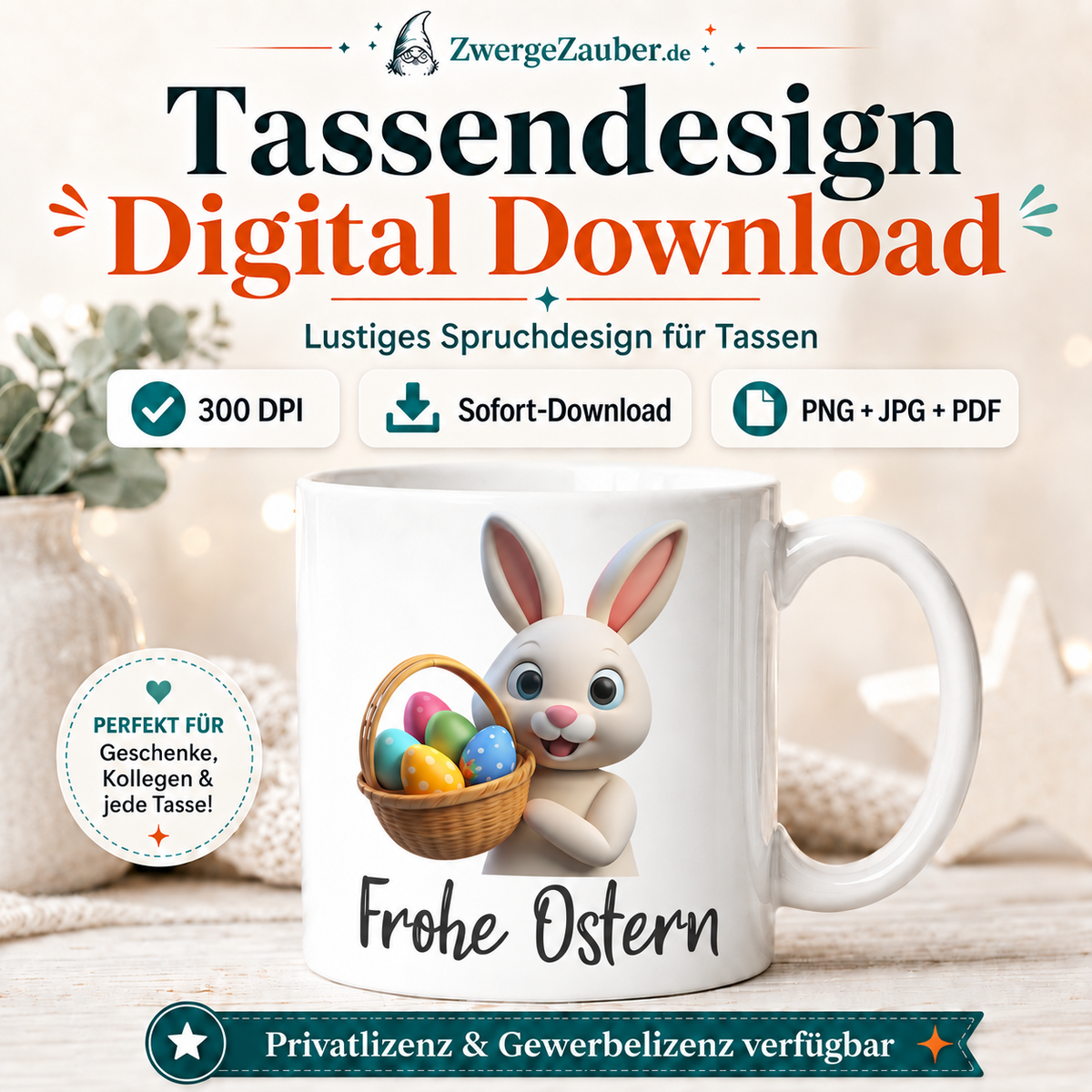Frohe Ostern Tassendesign mit weißem Osterhasen und bunten Ostereiern auf Tasse