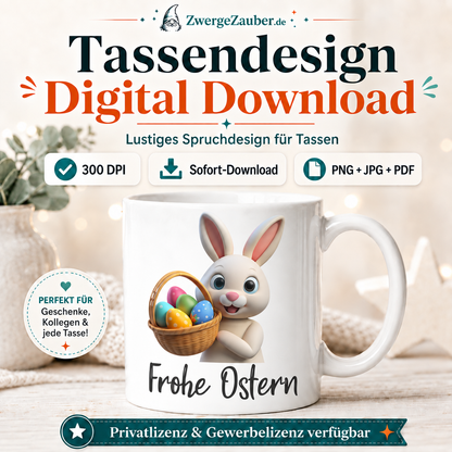 Frohe Ostern Tassendesign mit weißem Osterhasen und bunten Ostereiern auf Tasse