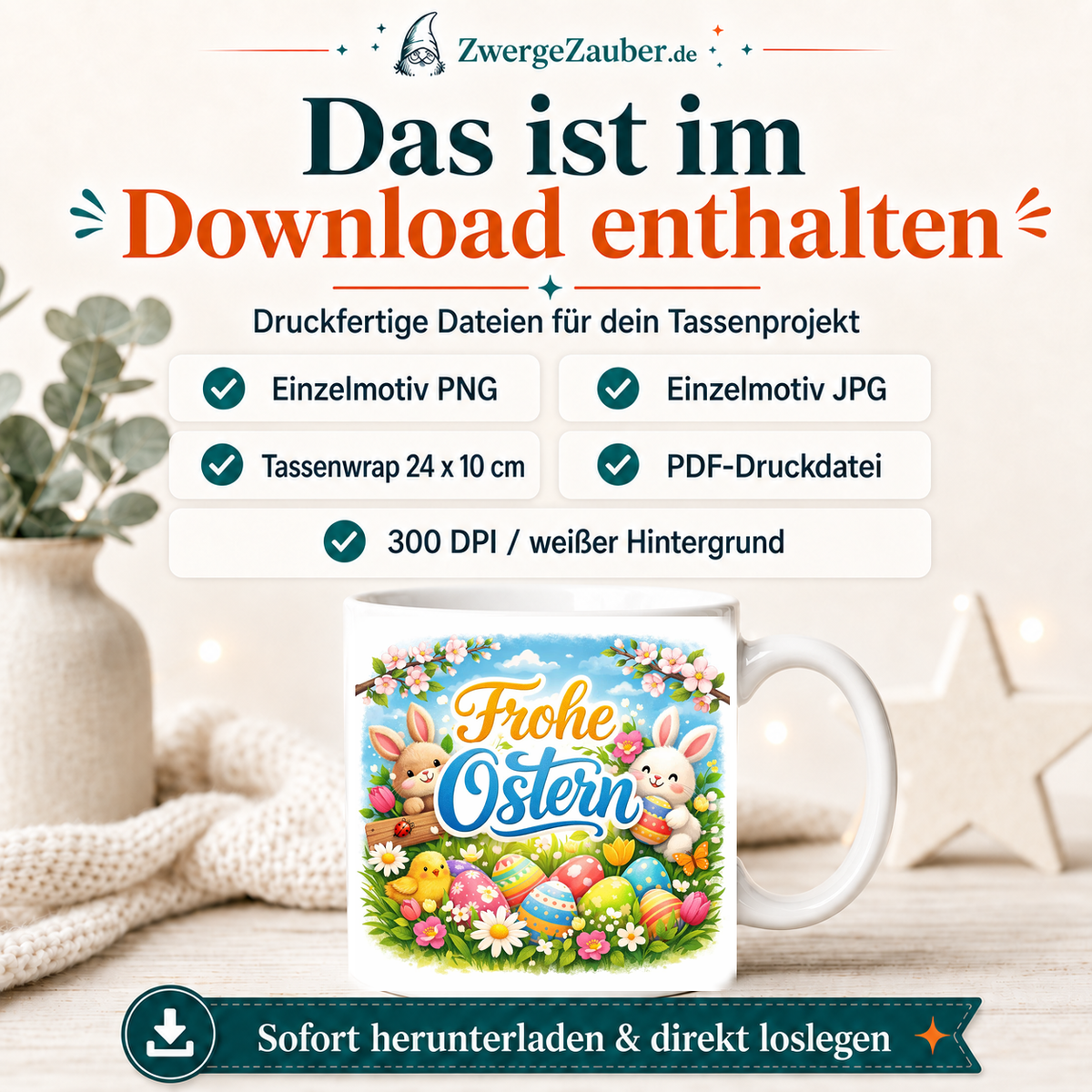 ZwergeZauber Tassendesign Frohe Ostern Osterhasen auf der Frühlingswiese – Verkaufsbild 2
