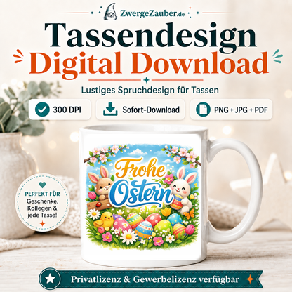 ZwergeZauber Tassendesign Frohe Ostern Osterhasen auf der Frühlingswiese – Verkaufsbild 1