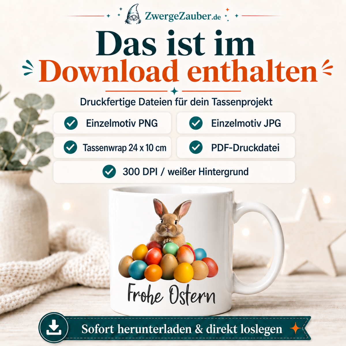 Download-Inhalt des Frohe-Ostern-Tassendesigns mit PNG JPG Wrap und PDF