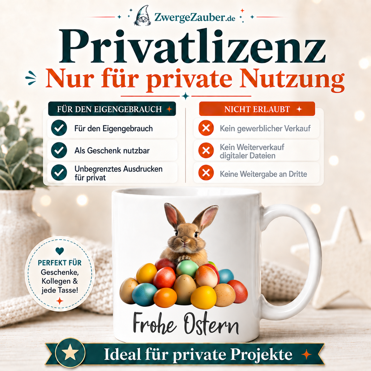 Frohe Ostern Tassendesign mit realistischem Osterhasen und Privatlizenz