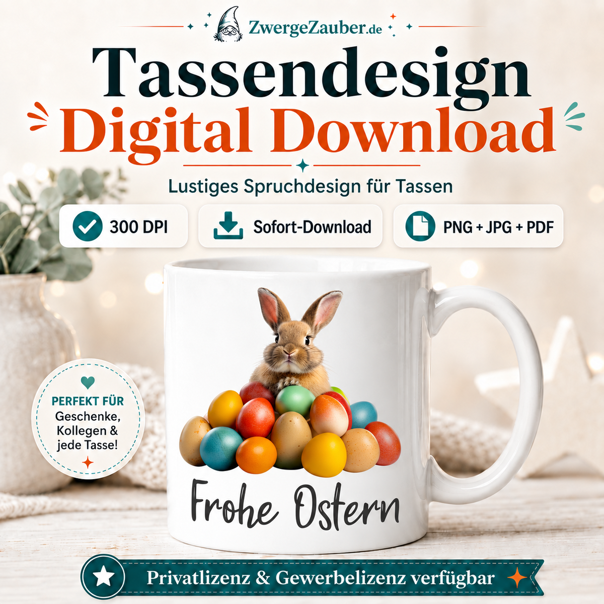 Tassendesign mit realistischem braunem Osterhasen und bunten Ostereiern auf Tasse