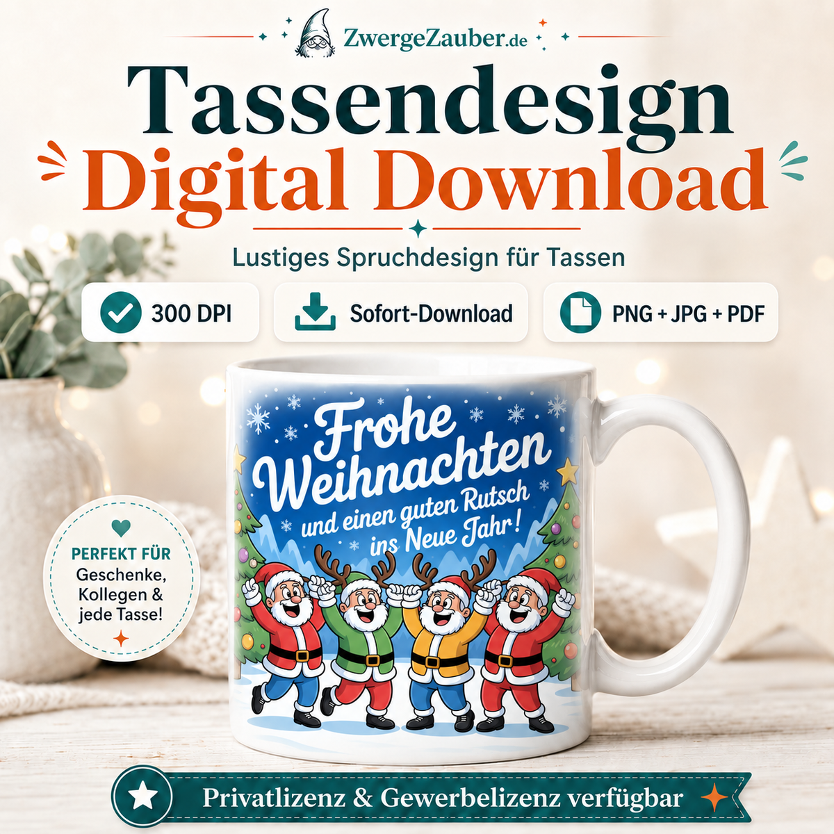 ZwergeZauber Tassendesign Frohe Weihnachten und guten Rutsch Weihnachtsmänner – Verkaufsbild 1