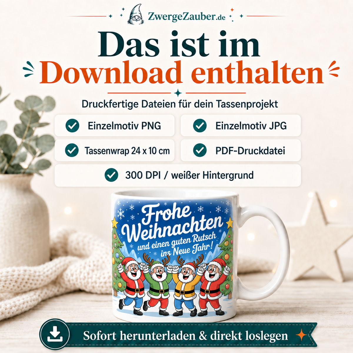 ZwergeZauber Tassendesign Frohe Weihnachten und guten Rutsch Weihnachtsmänner – Verkaufsbild 2