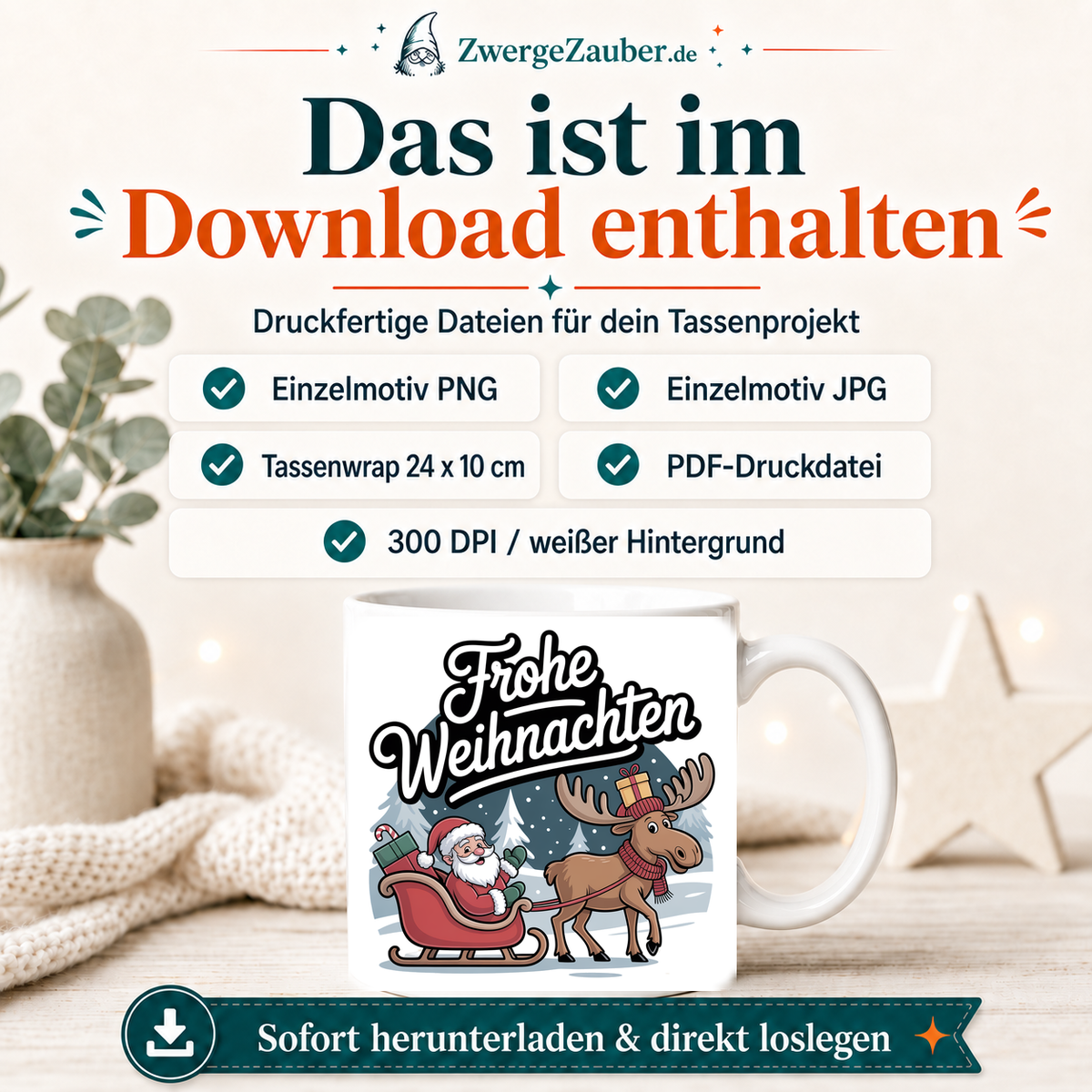 ZwergeZauber Tassendesign Frohe Weihnachten Weihnachtsmann mit Elch und Schlitten  – Verkaufsbild 2