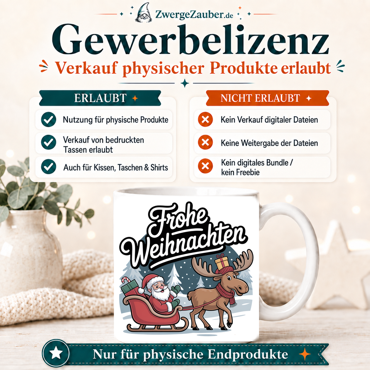 ZwergeZauber Tassendesign Frohe Weihnachten Weihnachtsmann mit Elch und Schlitten  – Verkaufsbild 4