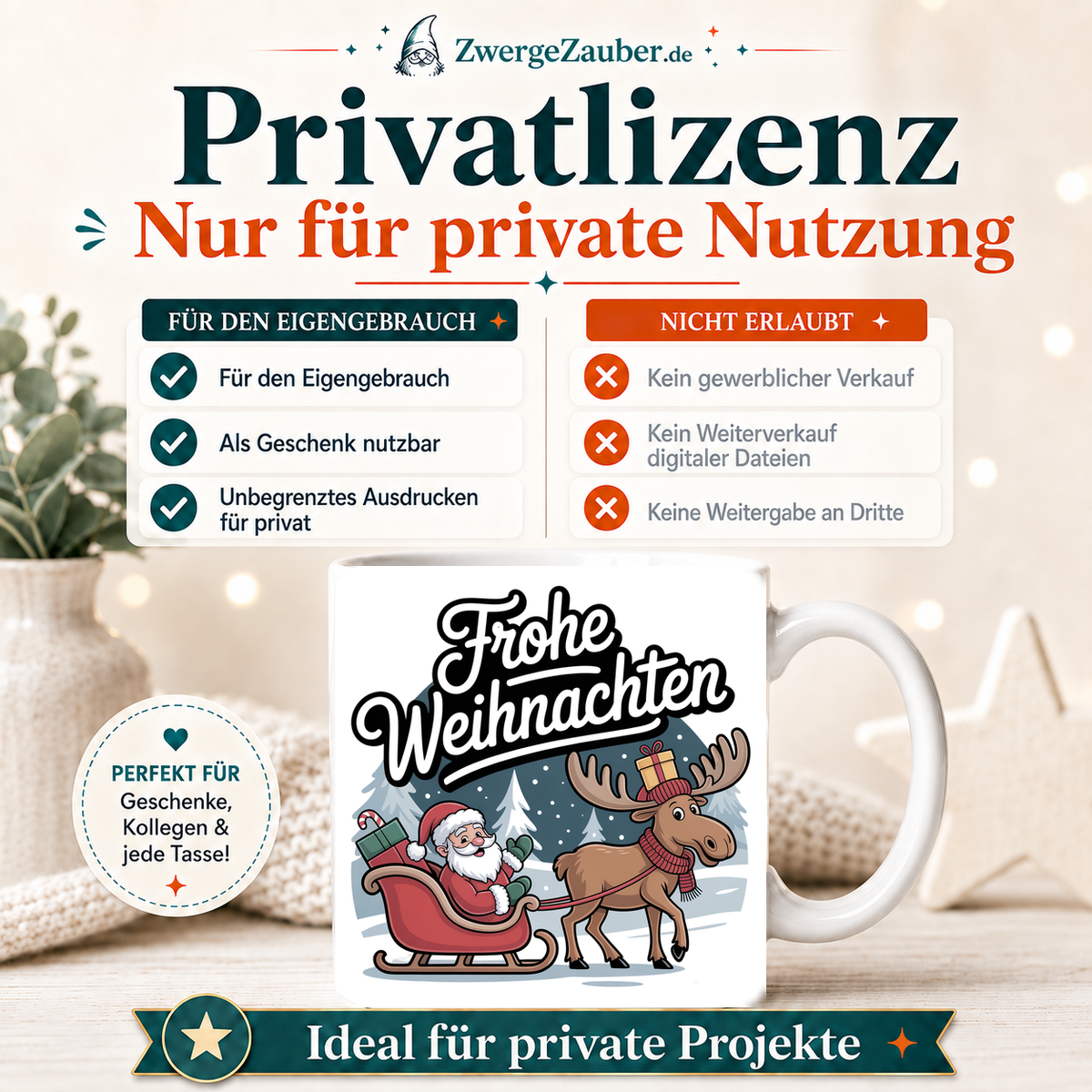 ZwergeZauber Tassendesign Frohe Weihnachten Weihnachtsmann mit Elch und Schlitten  – Verkaufsbild 3