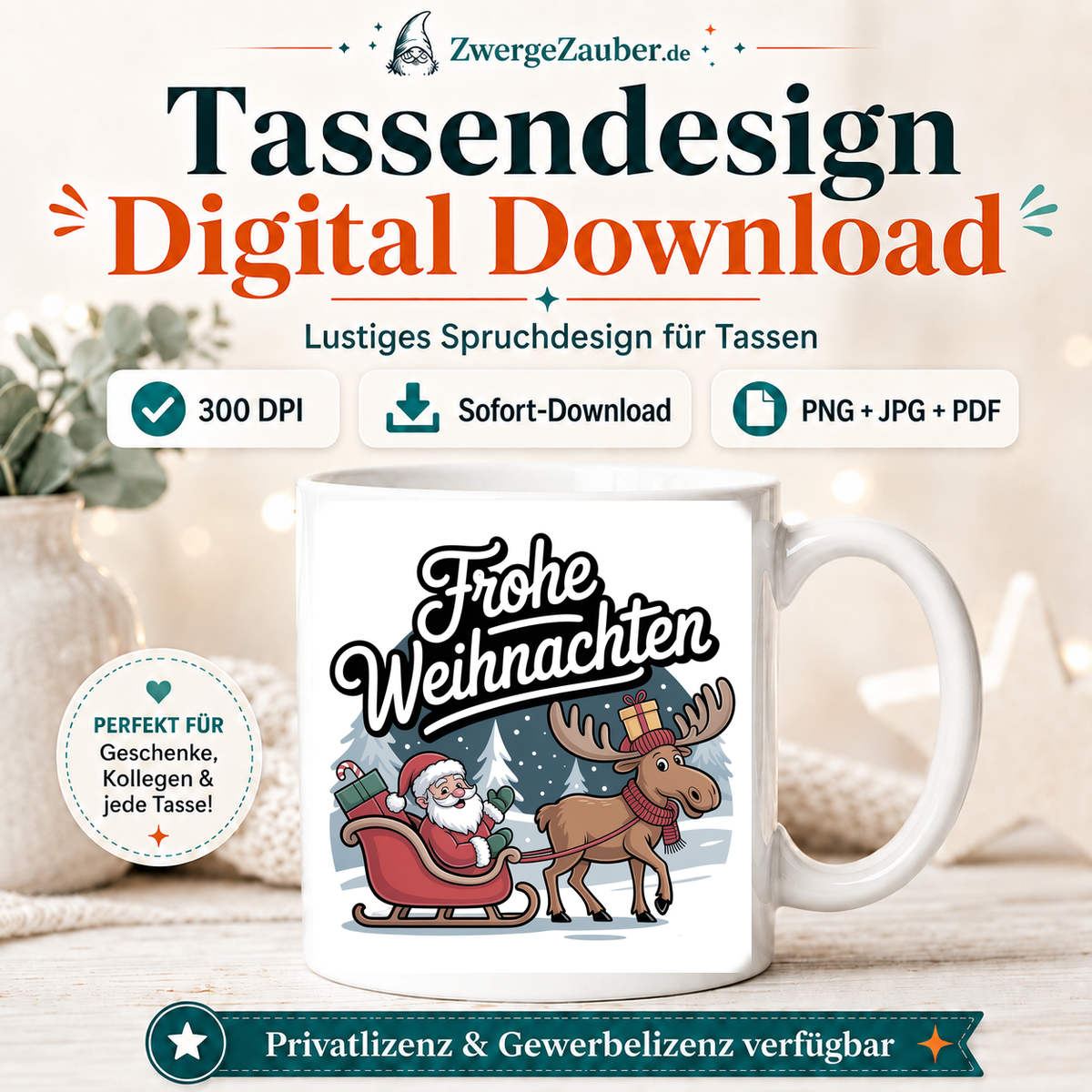 ZwergeZauber Tassendesign Frohe Weihnachten Weihnachtsmann mit Elch und Schlitten  – Verkaufsbild 1