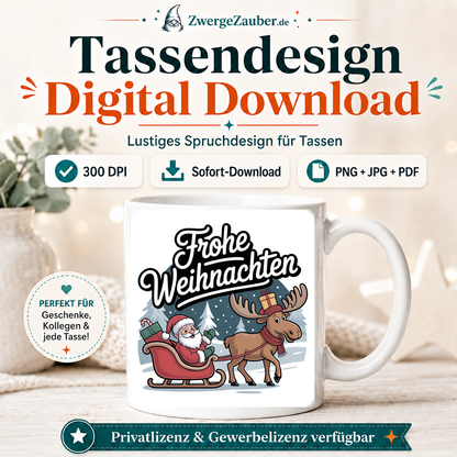ZwergeZauber Tassendesign Frohe Weihnachten Weihnachtsmann mit Elch und Schlitten  – Verkaufsbild 1