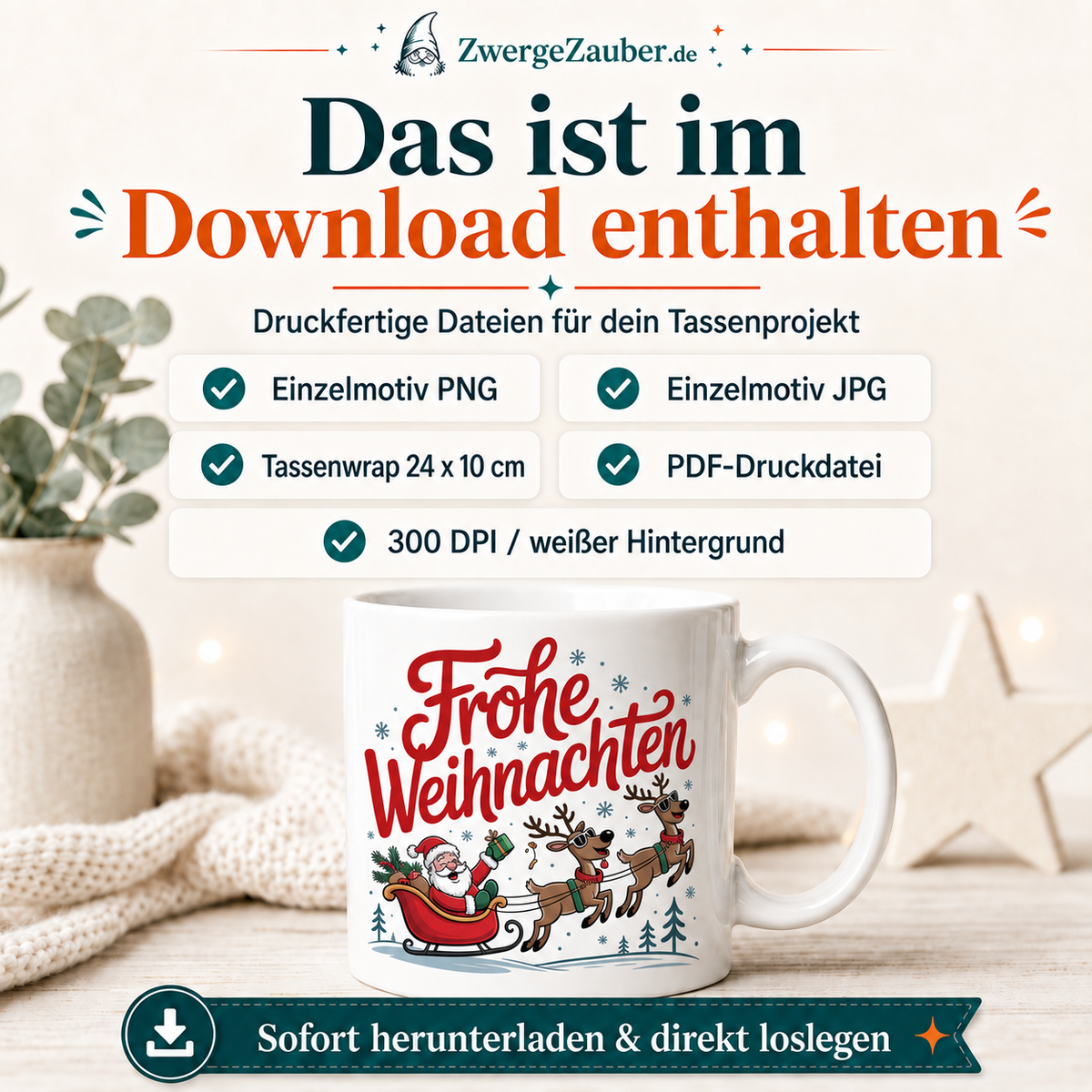 ZwergeZauber Tassendesign Frohe Weihnachten - Weihnachtsmann und Rentiere – Verkaufsbild 2