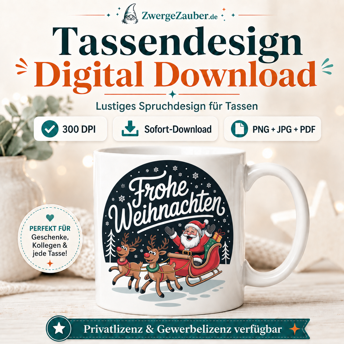 ZwergeZauber Tassendesign Frohe Weihnachten - Weihnachtsmann mit Rentieren Runddesign  – Verkaufsbild 1