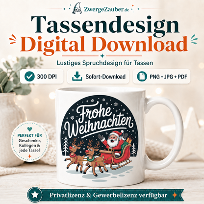 ZwergeZauber Tassendesign Frohe Weihnachten - Weihnachtsmann mit Rentieren Runddesign  – Verkaufsbild 1