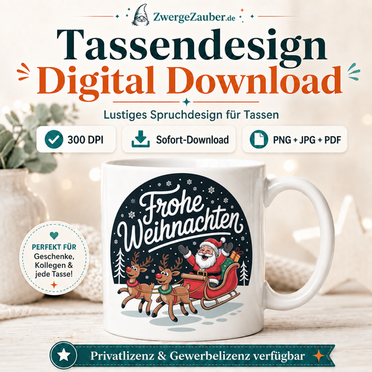ZwergeZauber Tassendesign Frohe Weihnachten - Weihnachtsmann mit Rentieren Runddesign  – Verkaufsbild 1