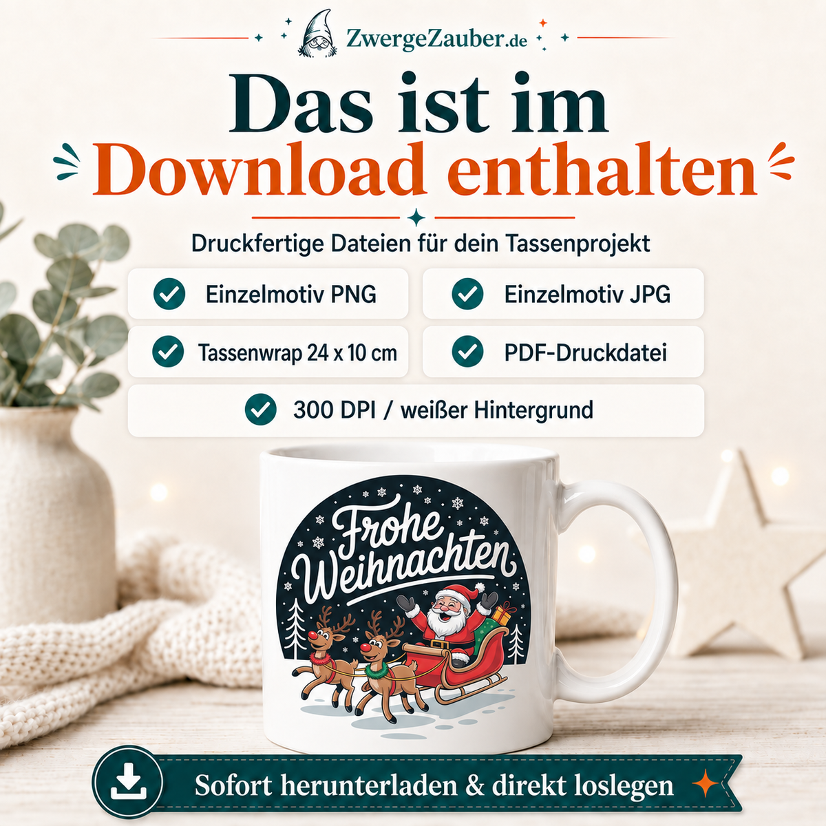 ZwergeZauber Tassendesign Frohe Weihnachten - Weihnachtsmann mit Rentieren Runddesign  – Verkaufsbild 2
