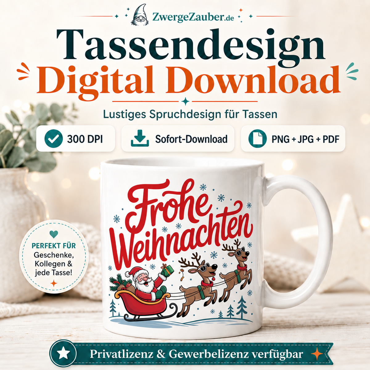 ZwergeZauber Tassendesign Frohe Weihnachten - Weihnachtsmann und Rentiere – Verkaufsbild 1