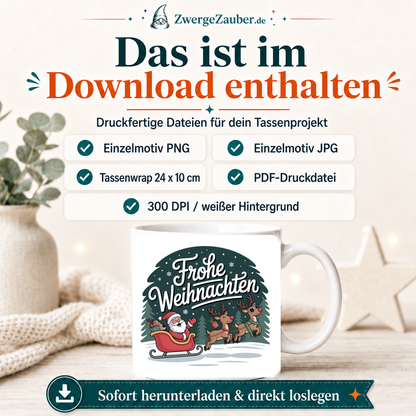 ZwergeZauber Tassendesign Frohe Weihnachten Weihnachtsmann mit Rentierschlitten – Verkaufsbild 2