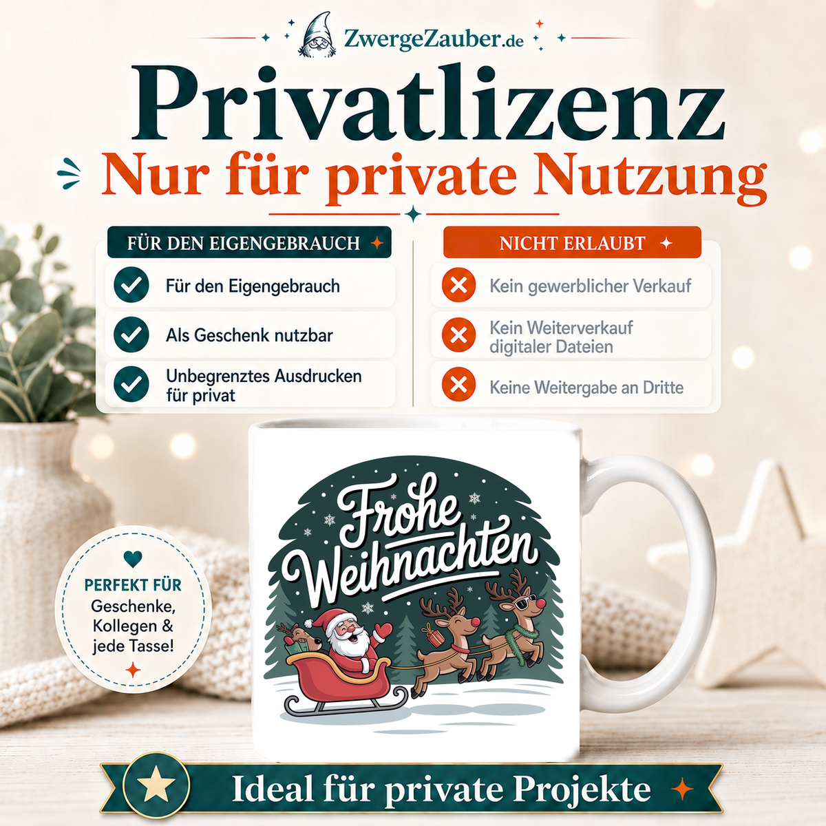 ZwergeZauber Tassendesign Frohe Weihnachten Weihnachtsmann mit Rentierschlitten – Verkaufsbild 3