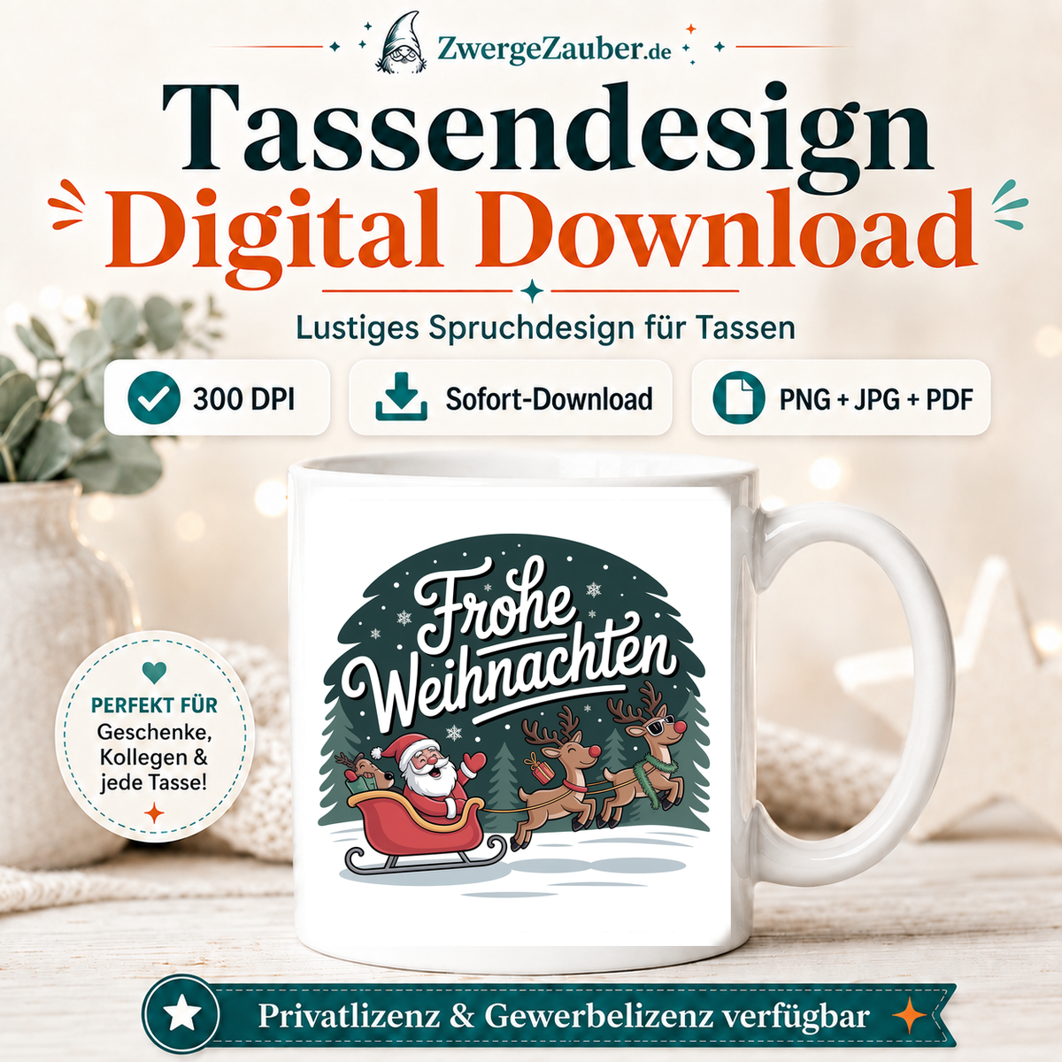 ZwergeZauber Tassendesign Frohe Weihnachten Weihnachtsmann mit Rentierschlitten – Verkaufsbild 1