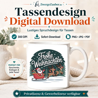 ZwergeZauber Tassendesign Frohe Weihnachten Weihnachtsmann mit Rentierschlitten – Verkaufsbild 1