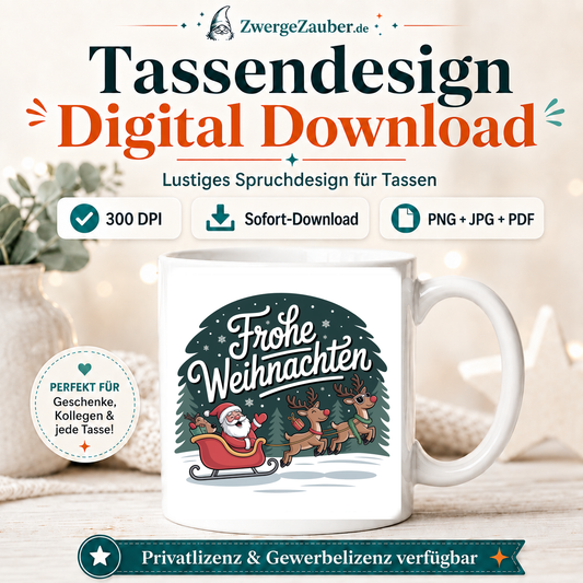 ZwergeZauber Tassendesign Frohe Weihnachten Weihnachtsmann mit Rentierschlitten – Verkaufsbild 1