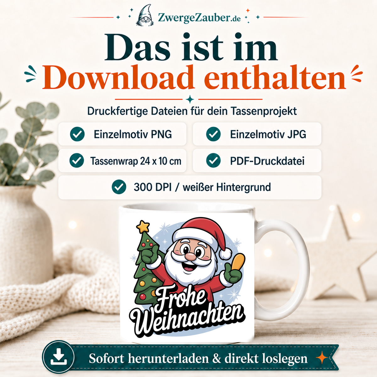 ZwergeZauber Tassendesign Frohe Weihnachten Weihnachtsmann mit Tannenbaum und Geschenk – Verkaufsbild 2