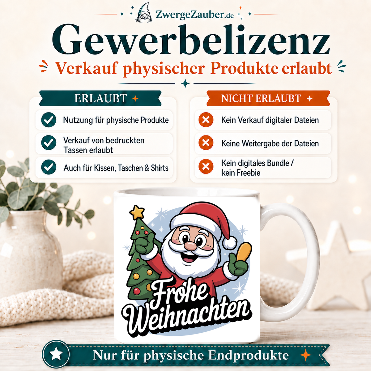 ZwergeZauber Tassendesign Frohe Weihnachten Weihnachtsmann mit Tannenbaum und Geschenk – Verkaufsbild 4