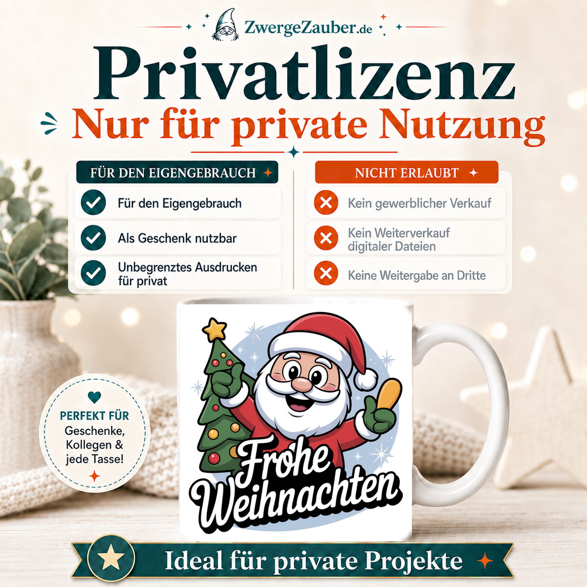 ZwergeZauber Tassendesign Frohe Weihnachten Weihnachtsmann mit Tannenbaum und Geschenk – Verkaufsbild 3