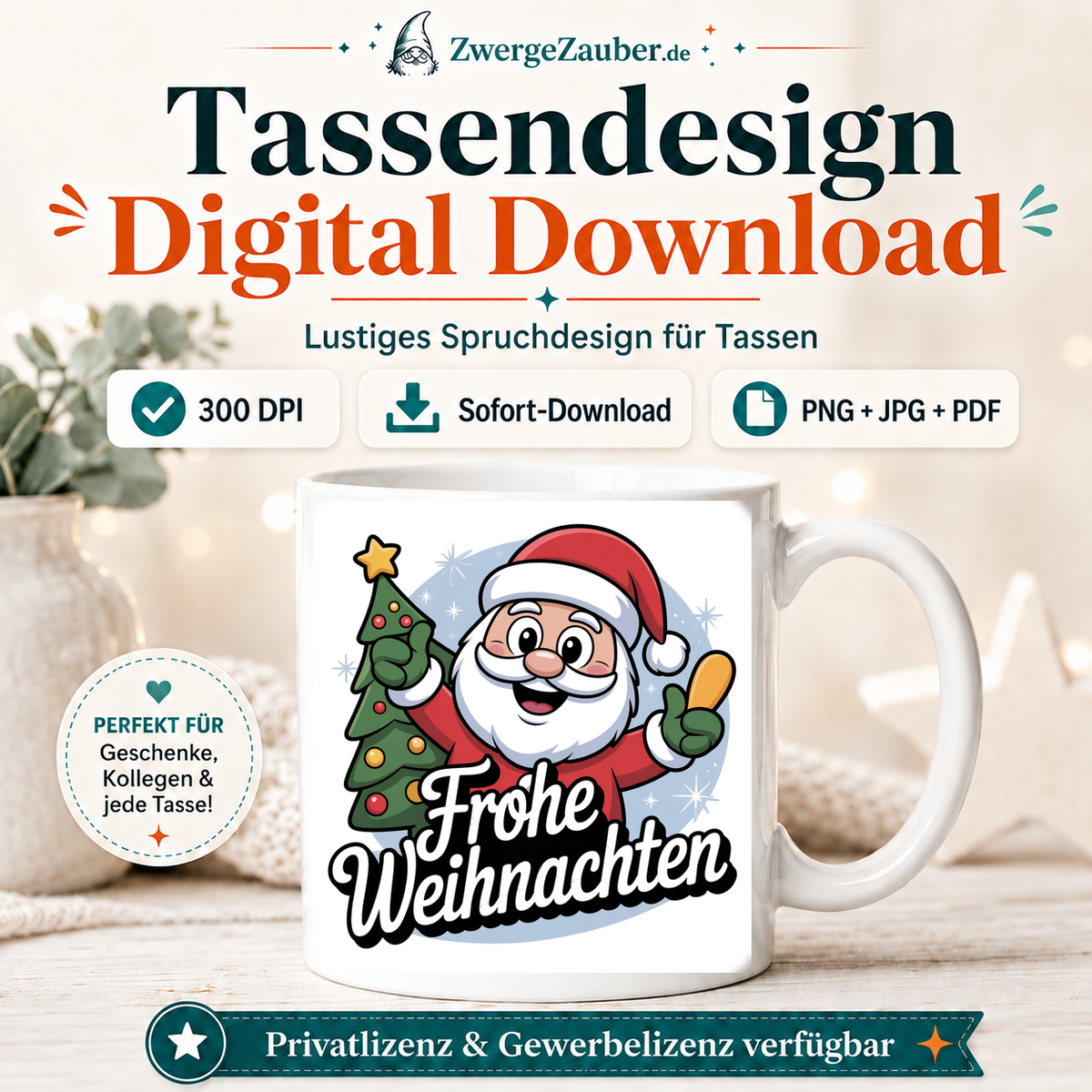 ZwergeZauber Tassendesign Frohe Weihnachten Weihnachtsmann mit Tannenbaum und Geschenk – Verkaufsbild 1