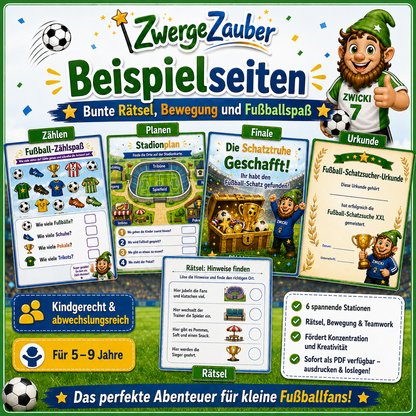 Beispielseiten der Fußball-Schatzsuche XXL mit Zählrätsel, Stadionplan, Schatzfinale und Fußball-Schatzsucher-Urkunde