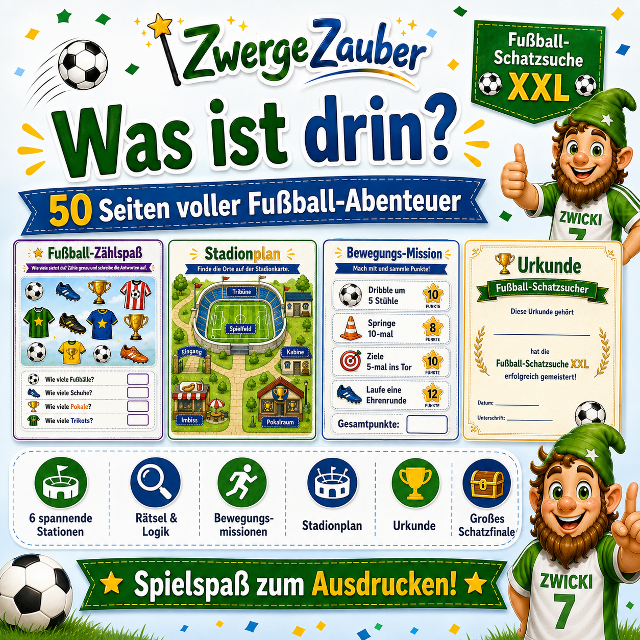 Inhalt der Fußball-Schatzsuche XXL mit 50 Seiten, 6 Stationen, Fußballrätseln, Bewegungsaufgaben, Stadionplan und Urkunde