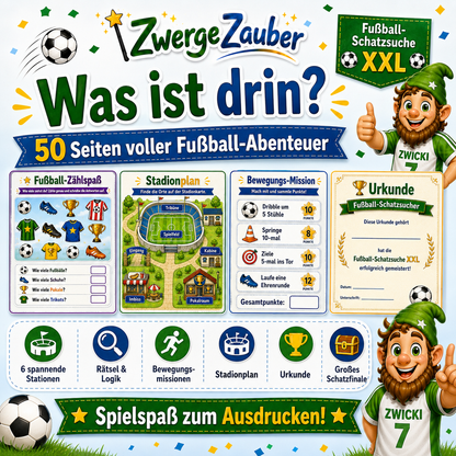 Inhalt der Fußball-Schatzsuche XXL mit 50 Seiten, 6 Stationen, Fußballrätseln, Bewegungsaufgaben, Stadionplan und Urkunde