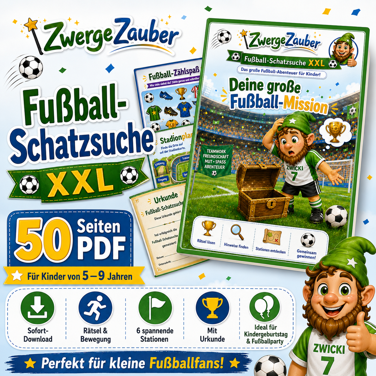 Fußball-Schatzsuche XXL für Kinder von 5 bis 9 Jahren mit 50 Seiten PDF, Rätseln, Bewegung, Schatzsuche und Zwicki