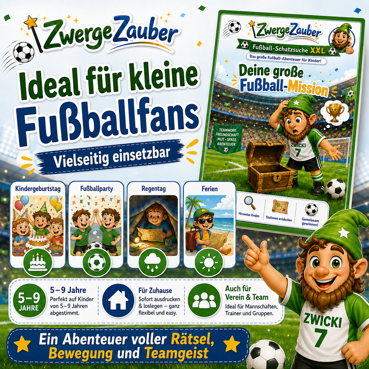 Fußball-Schatzsuche XXL für Kindergeburtstag, Fußballparty, Regentag und Ferien für Kinder von 5 bis 9 Jahren