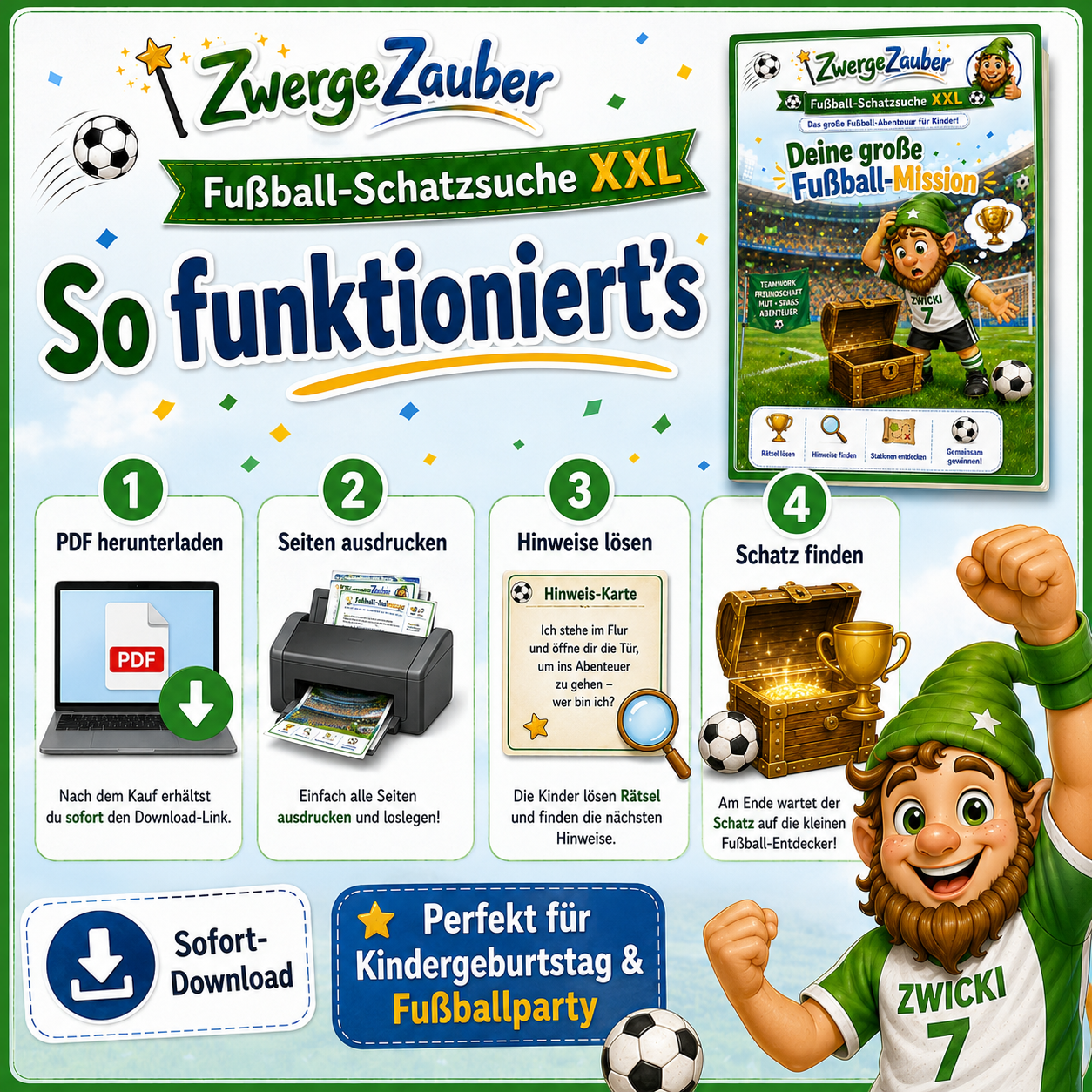 So funktioniert die Fußball-Schatzsuche XXL – PDF herunterladen, Seiten ausdrucken, Hinweise lösen und Fußball-Schatz finden