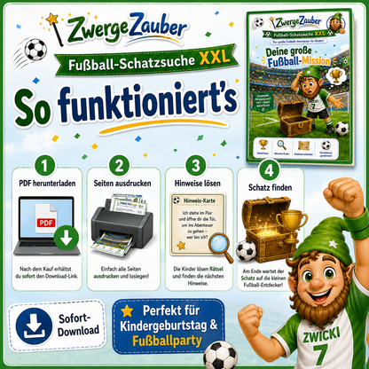 So funktioniert die Fußball-Schatzsuche XXL – PDF herunterladen, Seiten ausdrucken, Hinweise lösen und Fußball-Schatz finden
