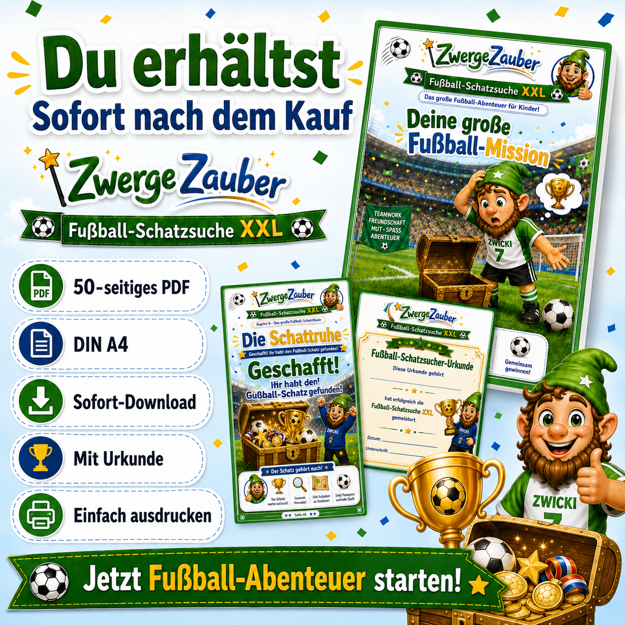 Fußball-Schatzsuche XXL als 50-seitiges DIN-A4-PDF mit Sofort-Download, Urkunde und Fußballabenteuer zum Ausdrucken
