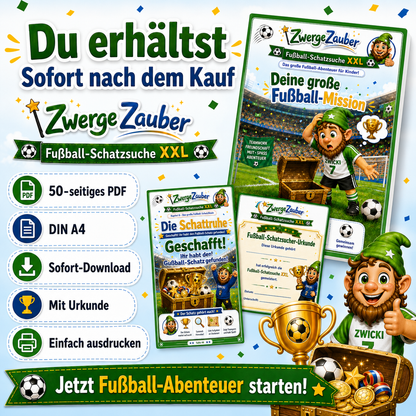 Fußball-Schatzsuche XXL als 50-seitiges DIN-A4-PDF mit Sofort-Download, Urkunde und Fußballabenteuer zum Ausdrucken