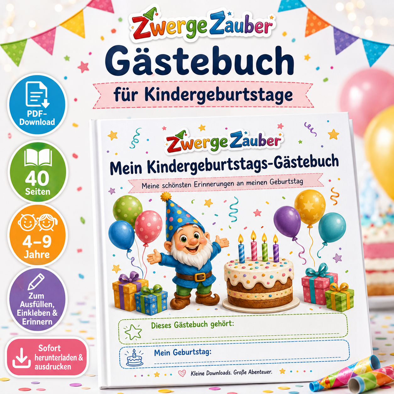 Gästebuch für Kindergeburtstage mit 40 Seiten als PDF-Download für Kinder von 4 bis 9 Jahren