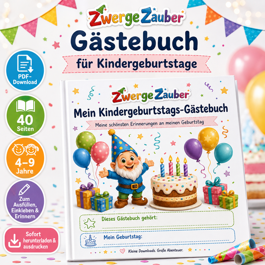 Gästebuch für Kindergeburtstage mit 40 Seiten als PDF-Download für Kinder von 4 bis 9 Jahren