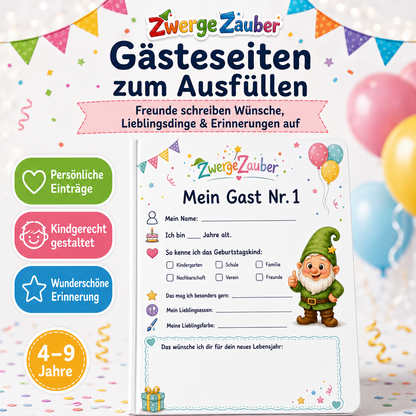 Gästeseiten zum Ausfüllen mit persönlichen Wünschen, Lieblingsdingen und Erinnerungen für den Kindergeburtstag