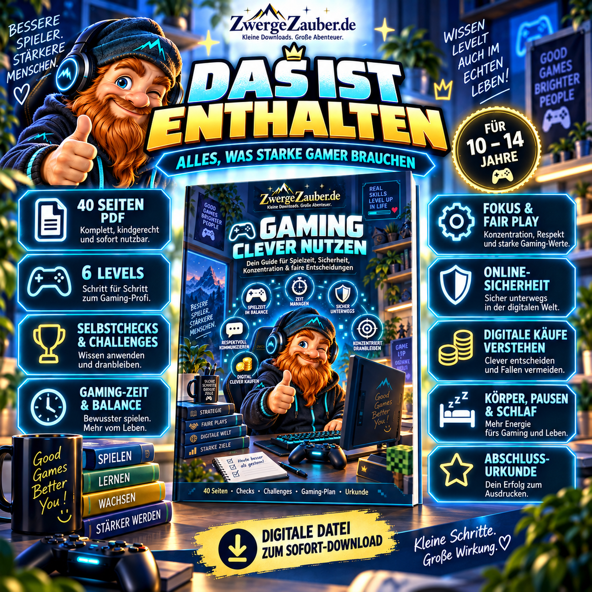 Gaming clever nutzen PDF mit 40 Seiten, 6 Levels, Selbstchecks, Challenges, Online-Sicherheit, In-Game-Käufen und Abschlussurkunde