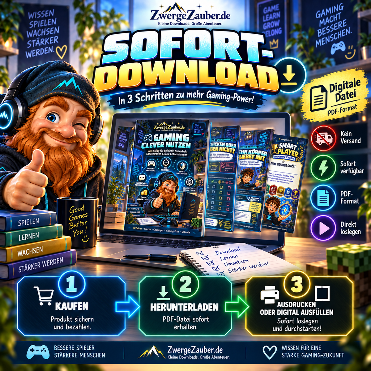 Gaming clever nutzen als digitales PDF zum Sofort-Download – herunterladen, ausdrucken oder digital bearbeiten