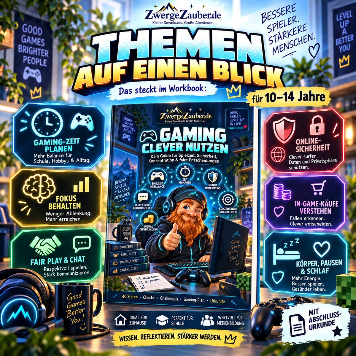 Gaming Workbook für 10 bis 14 Jahre mit Themen Gaming-Zeit, Konzentration, Fair Play, Chat, Online-Sicherheit, In-Game-Käufe, Pausen und Schlaf