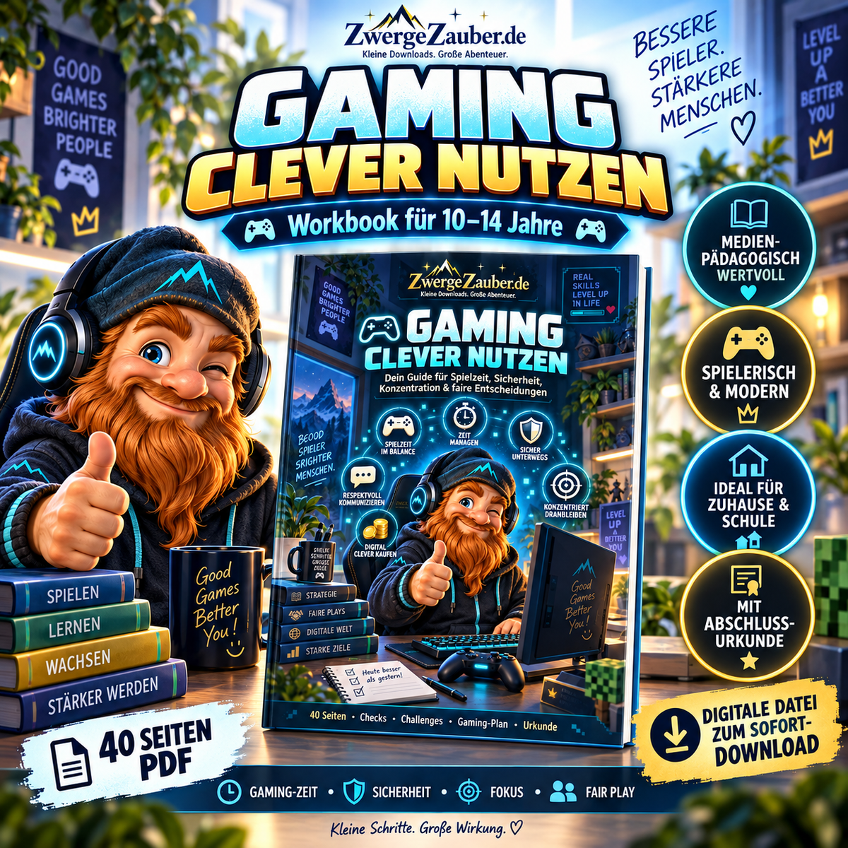 Gaming clever nutzen – 40-seitiges Workbook für Kinder und Jugendliche von 10 bis 14 Jahren zu Gaming-Zeit, Sicherheit, Fokus und Fair Play