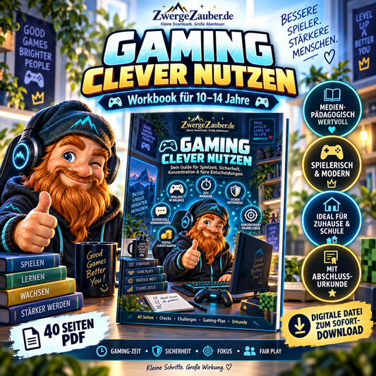 Gaming clever nutzen – 40-seitiges Workbook für Kinder und Jugendliche von 10 bis 14 Jahren zu Gaming-Zeit, Sicherheit, Fokus und Fair Play