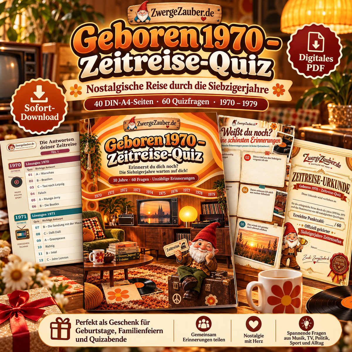 Geboren 1970 – Zeitreise-Quiz von ZwergeZauber mit 40 Seiten und 60 Quizfragen über die Siebzigerjahre im nostalgischen Retrodesign.