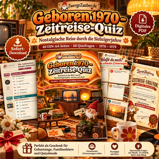 Geboren 1970 – Zeitreise-Quiz von ZwergeZauber mit 40 Seiten und 60 Quizfragen über die Siebzigerjahre im nostalgischen Retrodesign.